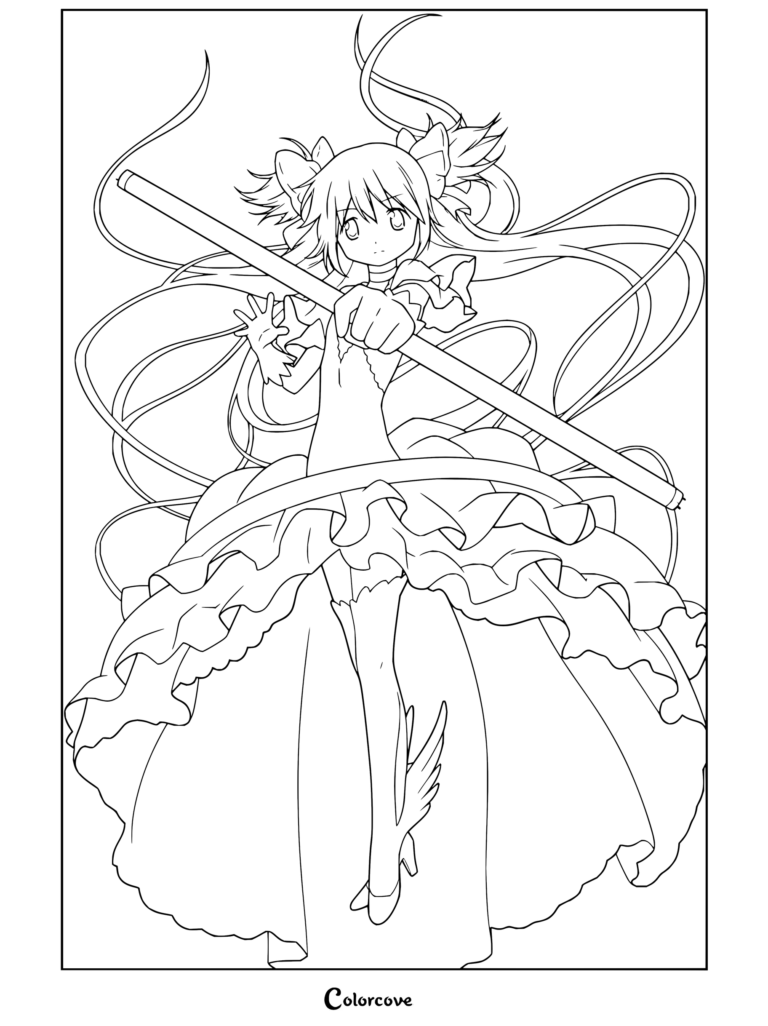 Coloriage gratuit à imprimer d'Ultimate Madoka tenant un arc sous sa forme de déesse divine vêtue d'une robe cosmique, issu de Puella Magi Madoka Magica.