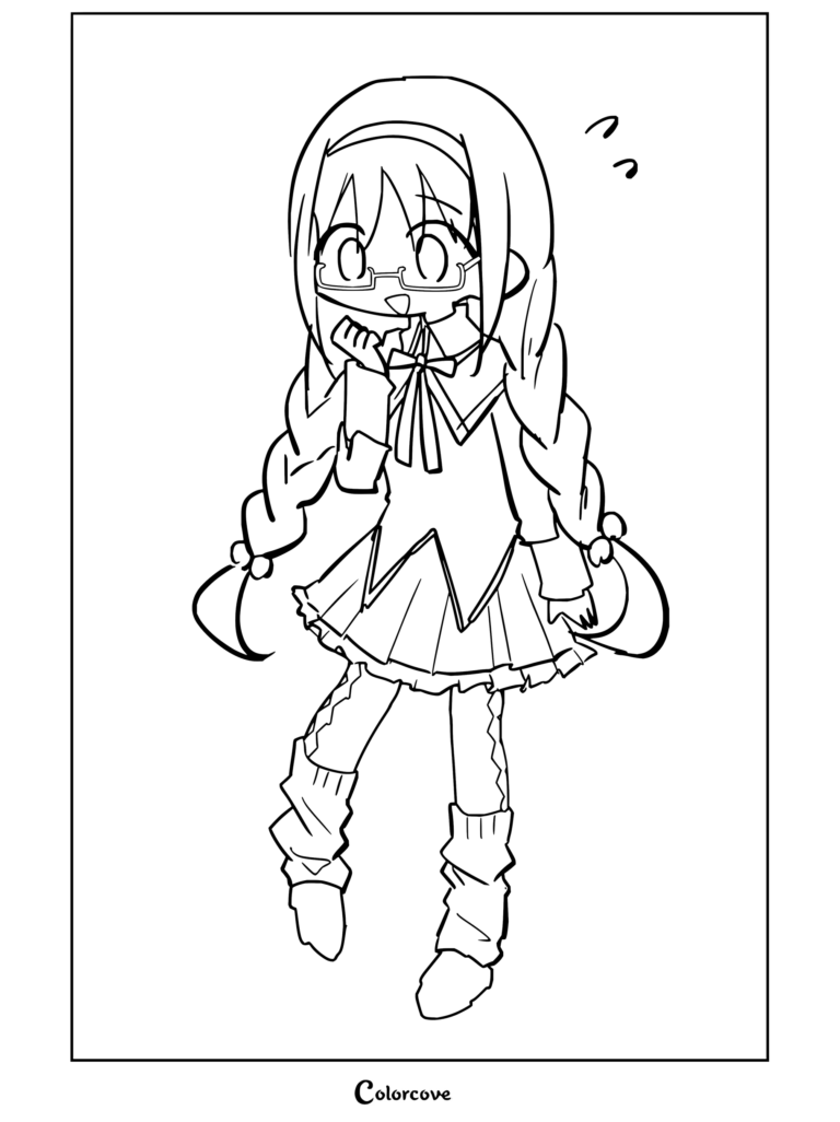 Coloriage de Puella Magi Madoka Magica avec Homura Akemi en tenue de Magical Girl, portant des lunettes et des tresses avec un sourire malicieux.