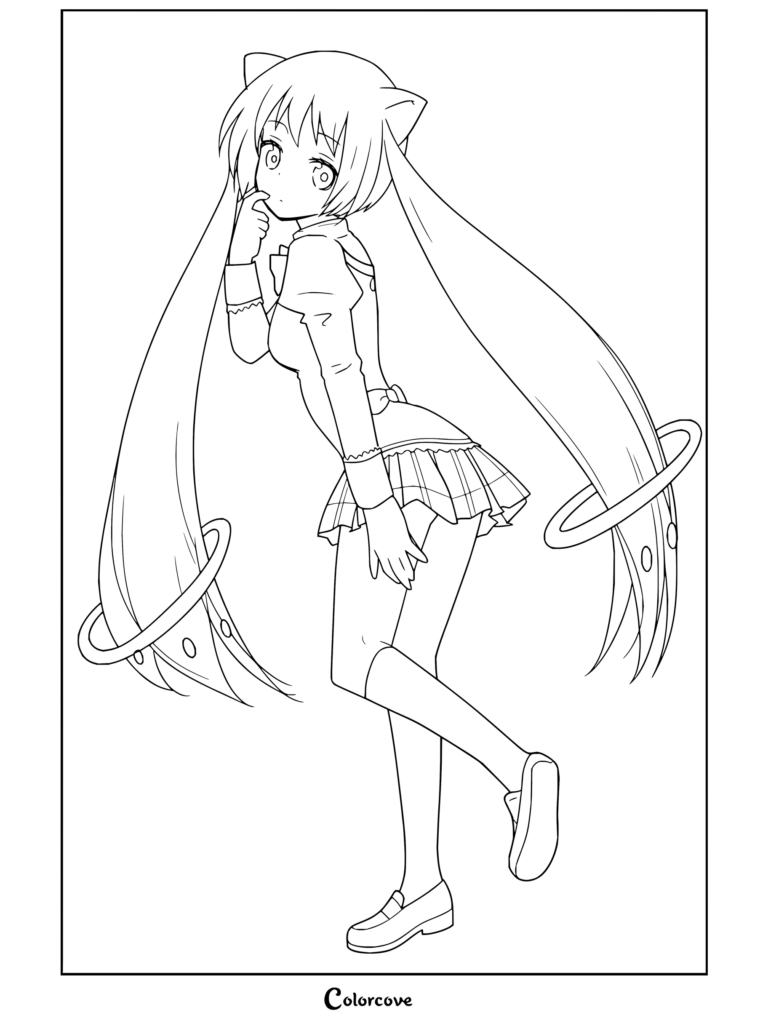 Coloriage à imprimer de Kyubey sous forme humaine avec de longues couettes, des oreilles de chat et des anneaux pour accessoires, issu de Puella Magi Madoka Magica.