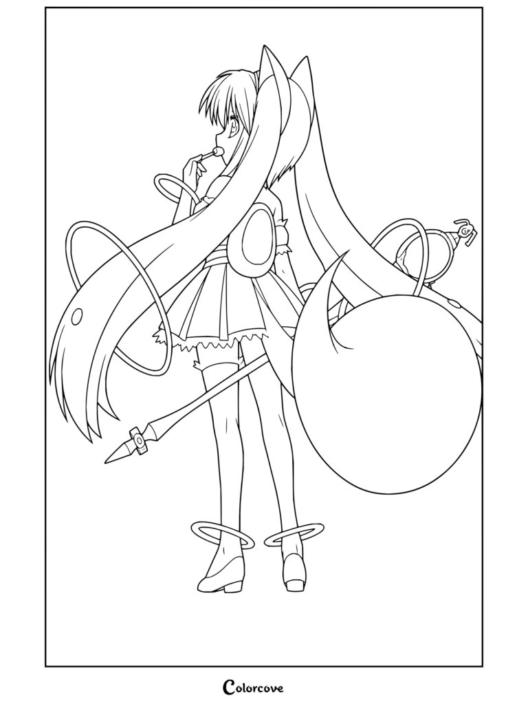 Coloriage détaillé de Kyubey sous forme humaine de Puella Magi Madoka Magica, avec de longues couettes, une robe et tenant une lance.