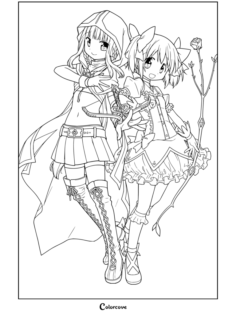 Coloriage d'Iroha Tamaki et Madoka Kaname réunies avec leurs armes magiques, issu de Puella Magi Madoka Magica.