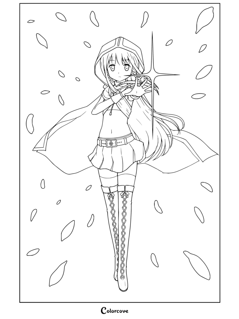Coloriage à imprimer d'Iroha Tamaki de Puella Magi Madoka Magica dans sa tenue de Magical Girl à capuche, tendant la main avec une croix magique lumineuse entourée de pétales de sakura flottants.
