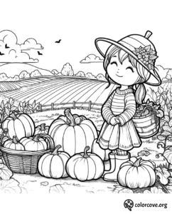 Girl in hat with basket stands by pumpkins in field. Printable fall coloring page from ColorCove.org. Happy harvest scene.