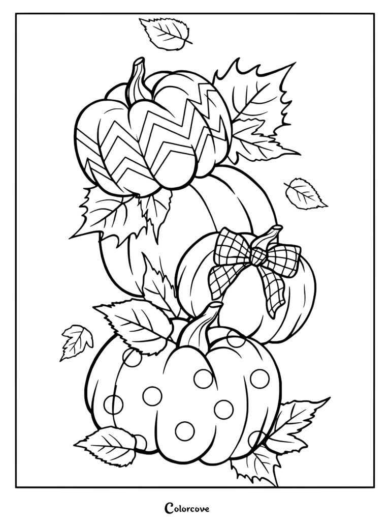 Dibujo de calabazas decorativas apiladas para colorear con estampados y hojas de otoño.