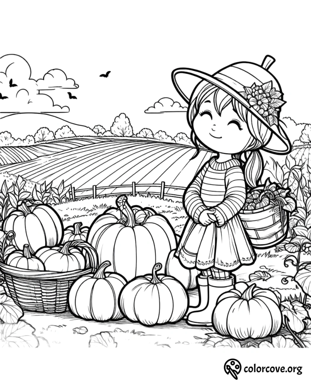 Girl in hat with basket stands by pumpkins in field. Printable fall coloring page from ColorCove.org. Happy harvest scene.