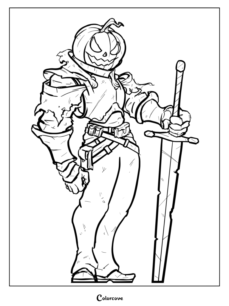 Dibujo imprimible de calabazas para colorear que presenta a un fiero guerrero con armadura y cabeza de Calabaza de Halloween tallada sosteniendo una espada ancha.