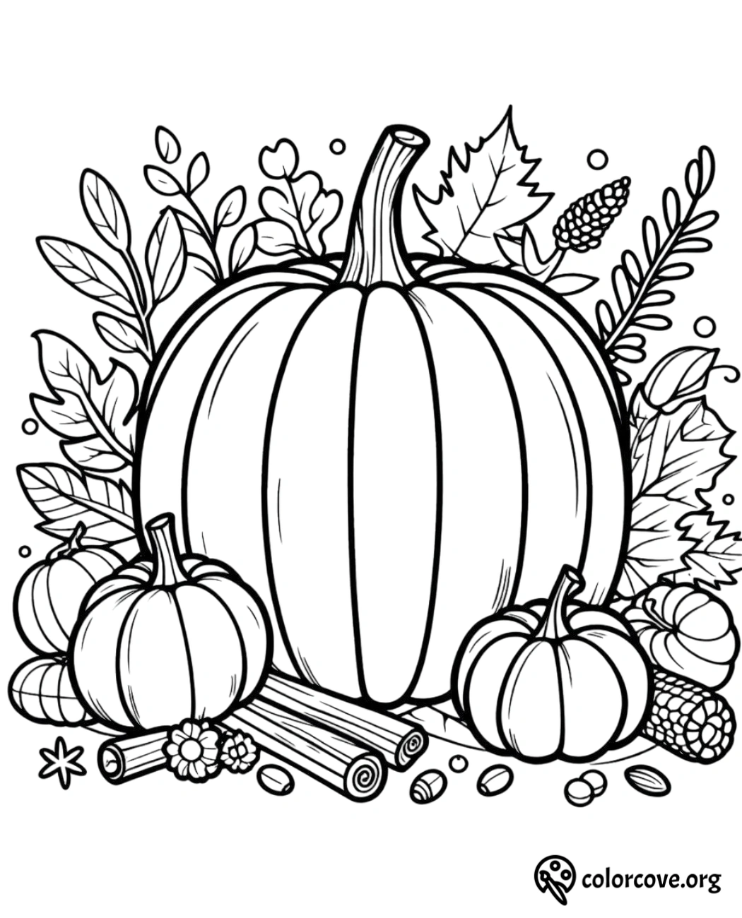 Pumpkin and fall harvest coloring page with leaves, small pumpkins, corn, cinnamon sticks, and acorns designed for kids.