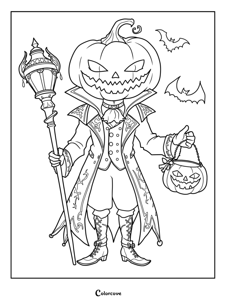 Dibujo detallado para colorear de un elegante personaje de Calabaza de Halloween sosteniendo un bastón ornamentado y una pequeña cesta de calabazas rodeada de murciélagos volando.