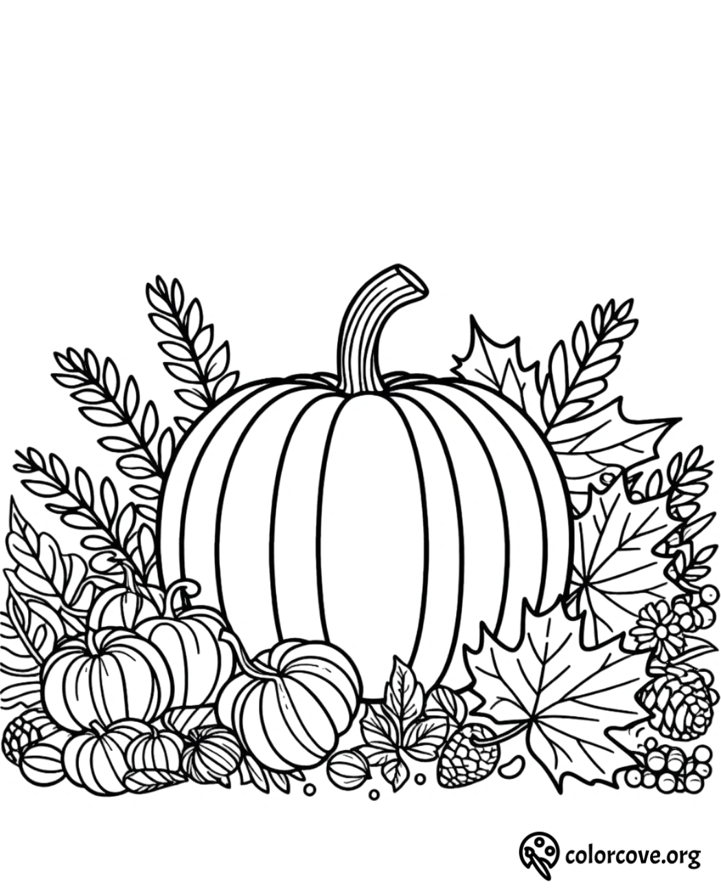 Pumpkin harvest coloring page featuring pumpkins, leaves, and acorns, perfect for autumn and fall coloring activities.