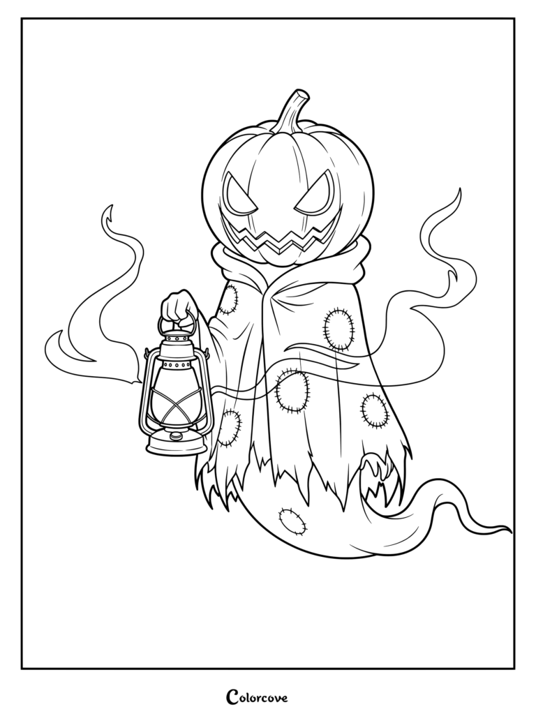 Dibujo de calabazas para colorear con un fantasma espeluznante que lleva una sábana con parches y sostiene un farol antiguo con cabeza de Calabaza de Halloween.