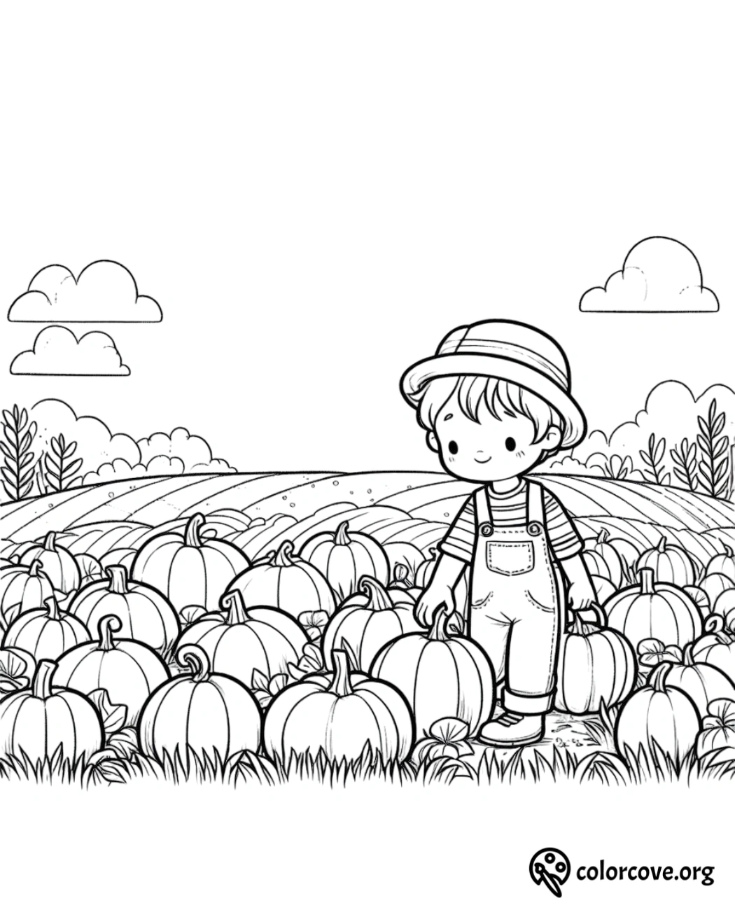 Kid picking pumpkins in a pumpkin patch coloring page for children | Free printable by colorcove.org