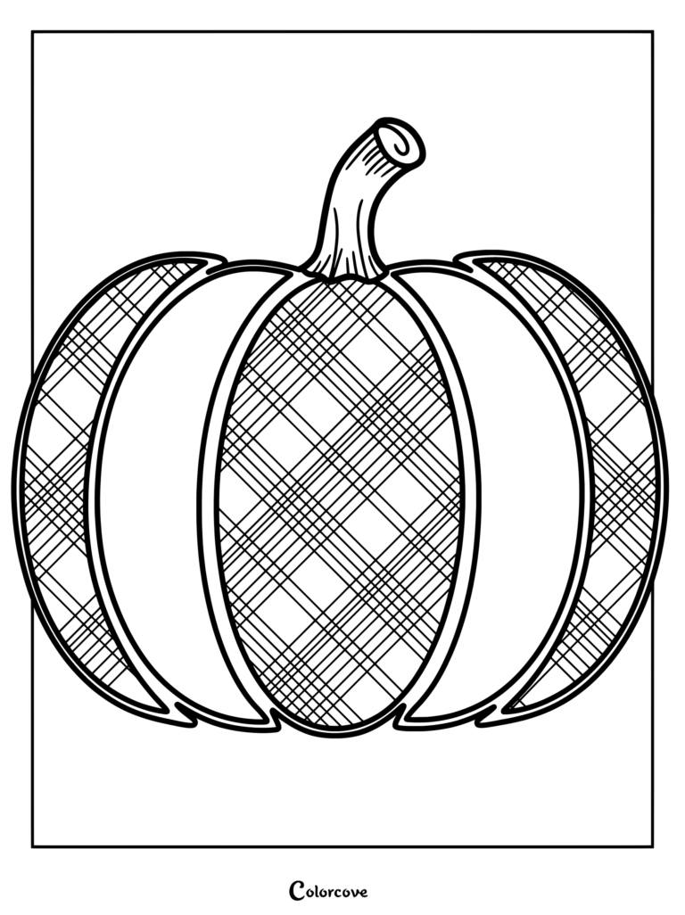 Dibujo de calabazas para colorear con patrón a cuadros y contornos negros marcados.