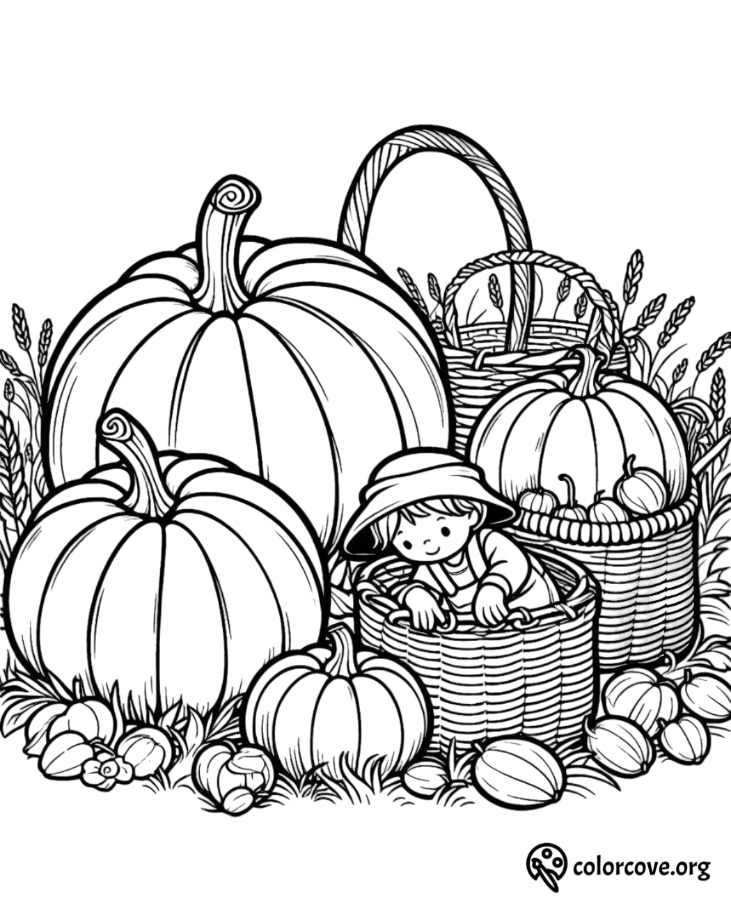 Child in a basket surrounded by pumpkins and harvest-themed decorations; pumpkin coloring page for kids - colorcove.org