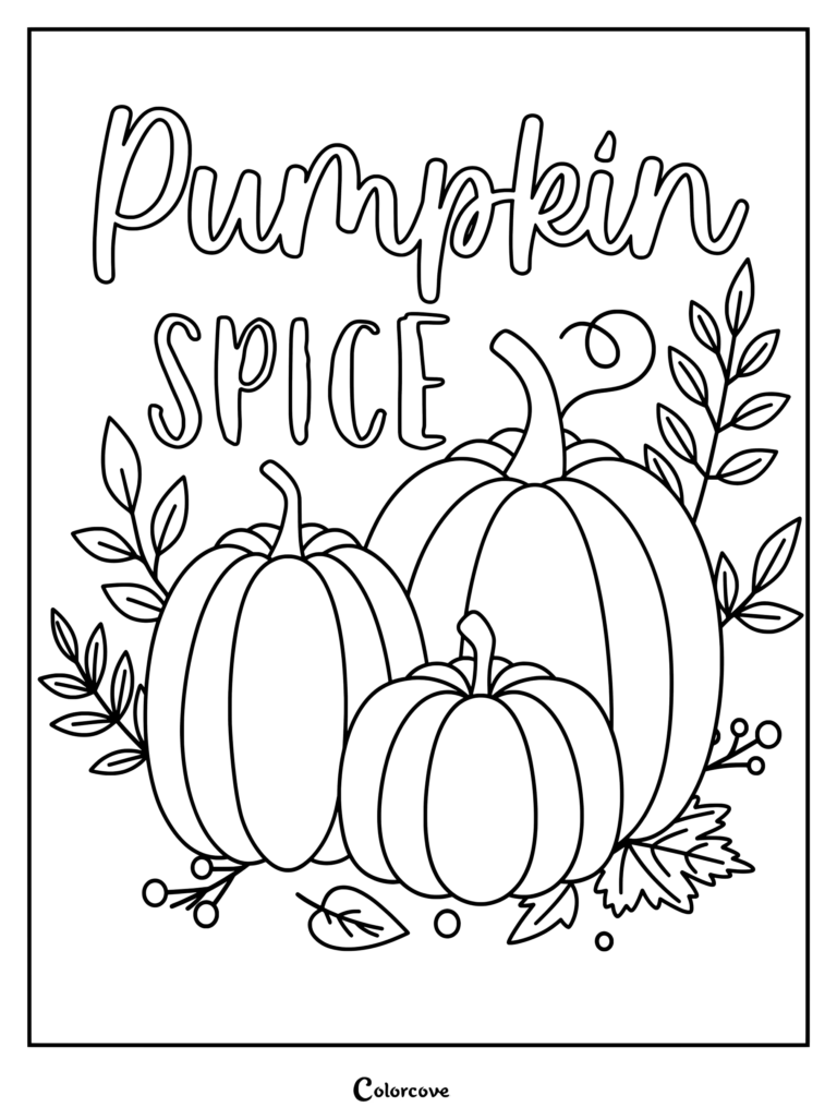 Dibujo para colorear con letras de Pumpkin Spice, tres calabazas decorativas y hojas de otoño.