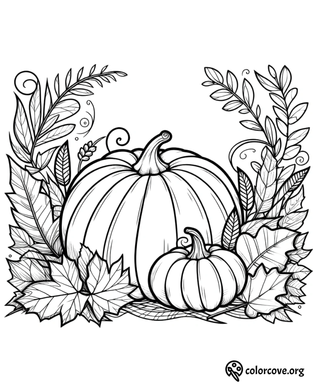 Pumpkin coloring page with intricate leaf designs, perfect for fall-themed activities. Free printable from colorcove.org.