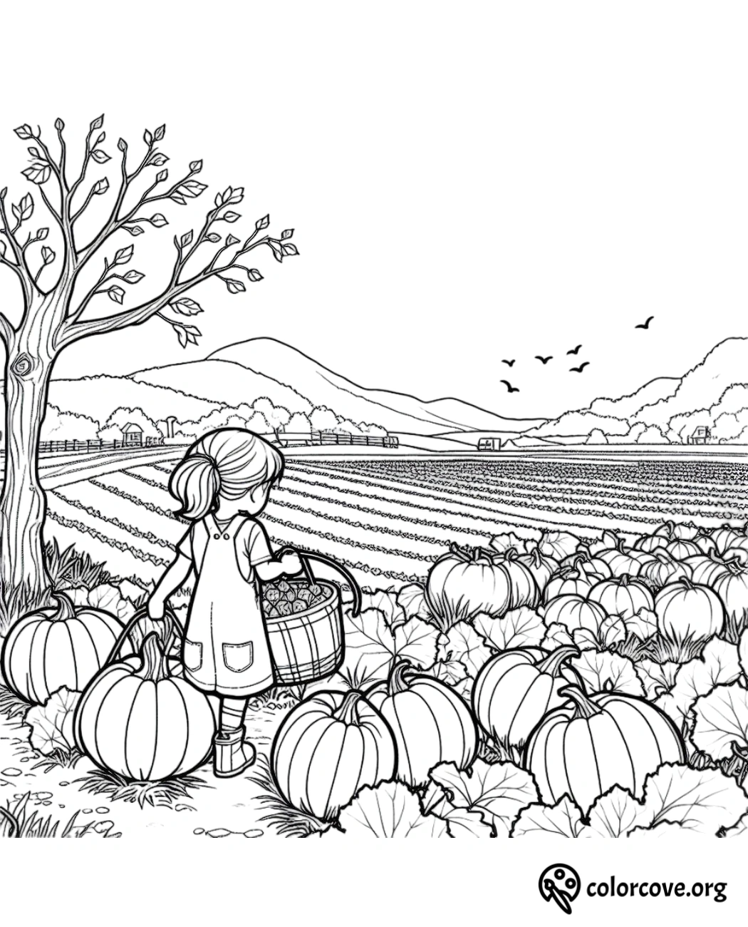 Girl in pumpkin patch coloring page. Child carrying basket in field. Free printable from ColorCove.org.