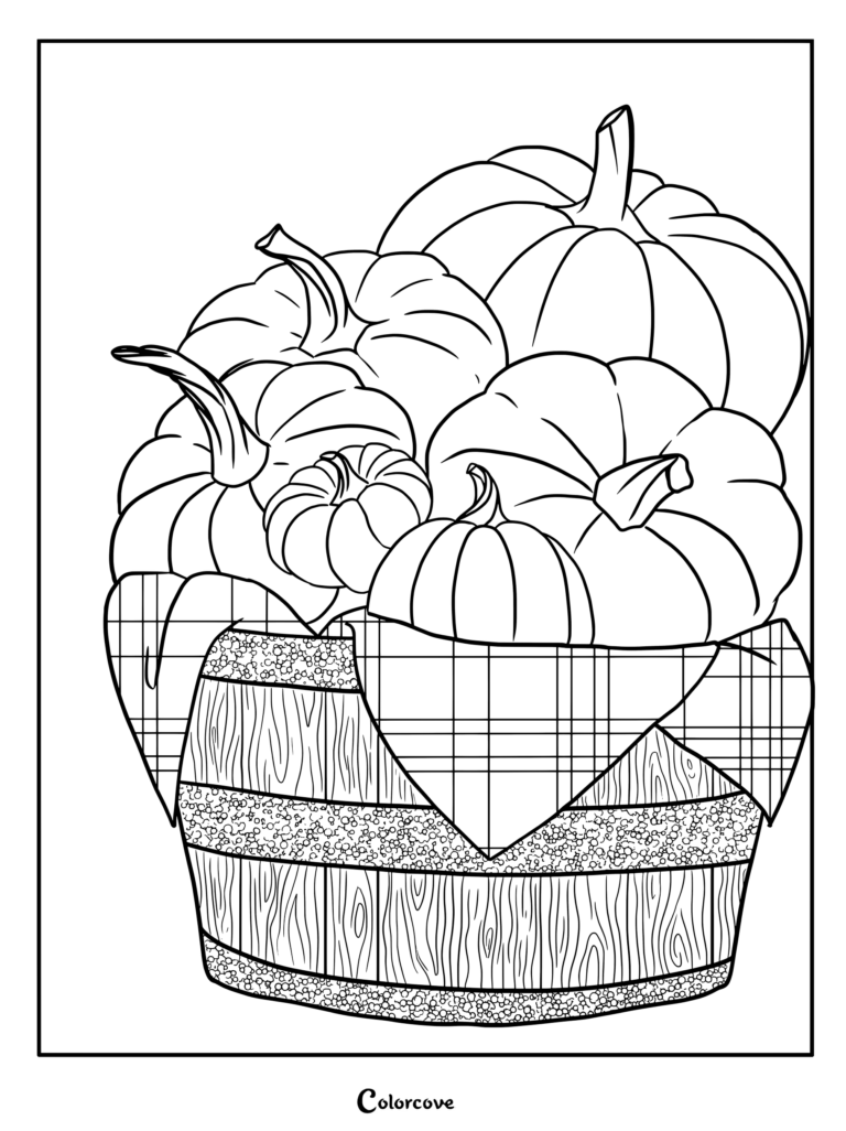Dibujo de calabazas para colorear e imprimir con una cesta de madera llena de varias calabazas de otoño.