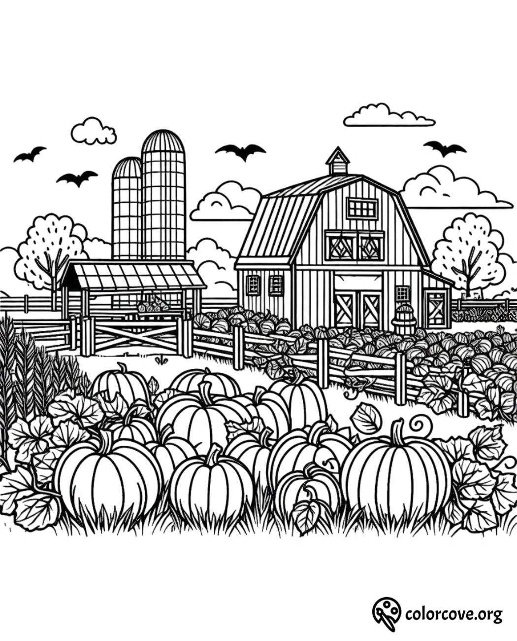 Farm coloring page with pumpkins, a barn, silos, and bats in the sky, perfect for autumn and Halloween themed coloring fun.