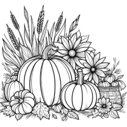 Coloring page of pumpkins, sunflowers, and autumn leaves for a fall harvest theme. Download and print at colorcove.org.