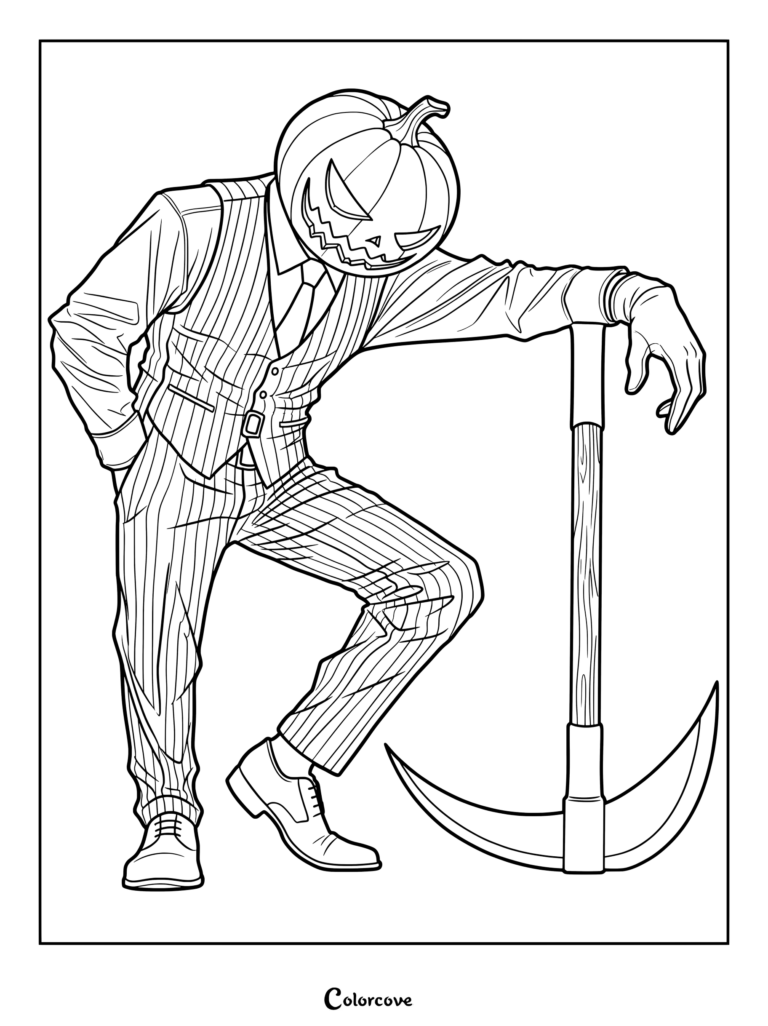Dibujo de calabazas para colorear que presenta a un elegante caballero con traje de raya diplomática apoyado en una gran guadaña.