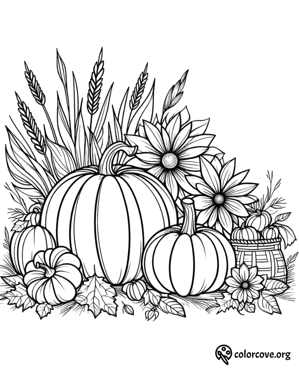 Coloring page of pumpkins, sunflowers, and autumn leaves for a fall harvest theme. Download and print at colorcove.org.