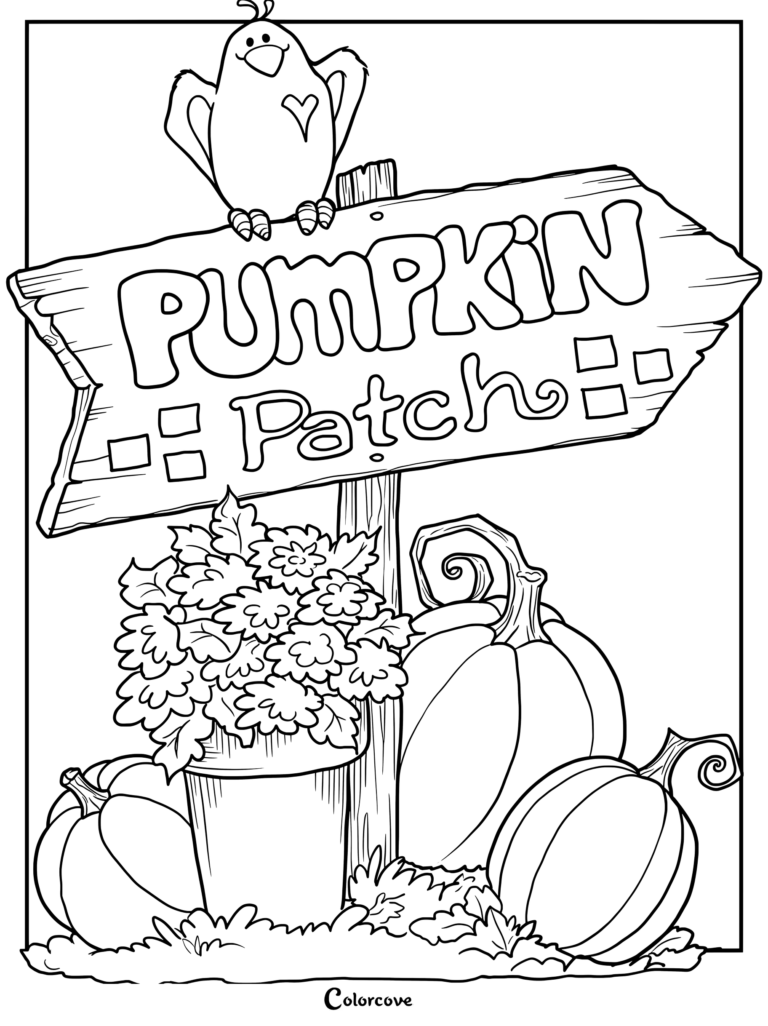 Dibujo para colorear con un cartel de Huerto de calabazas, un pájaro y flores.
