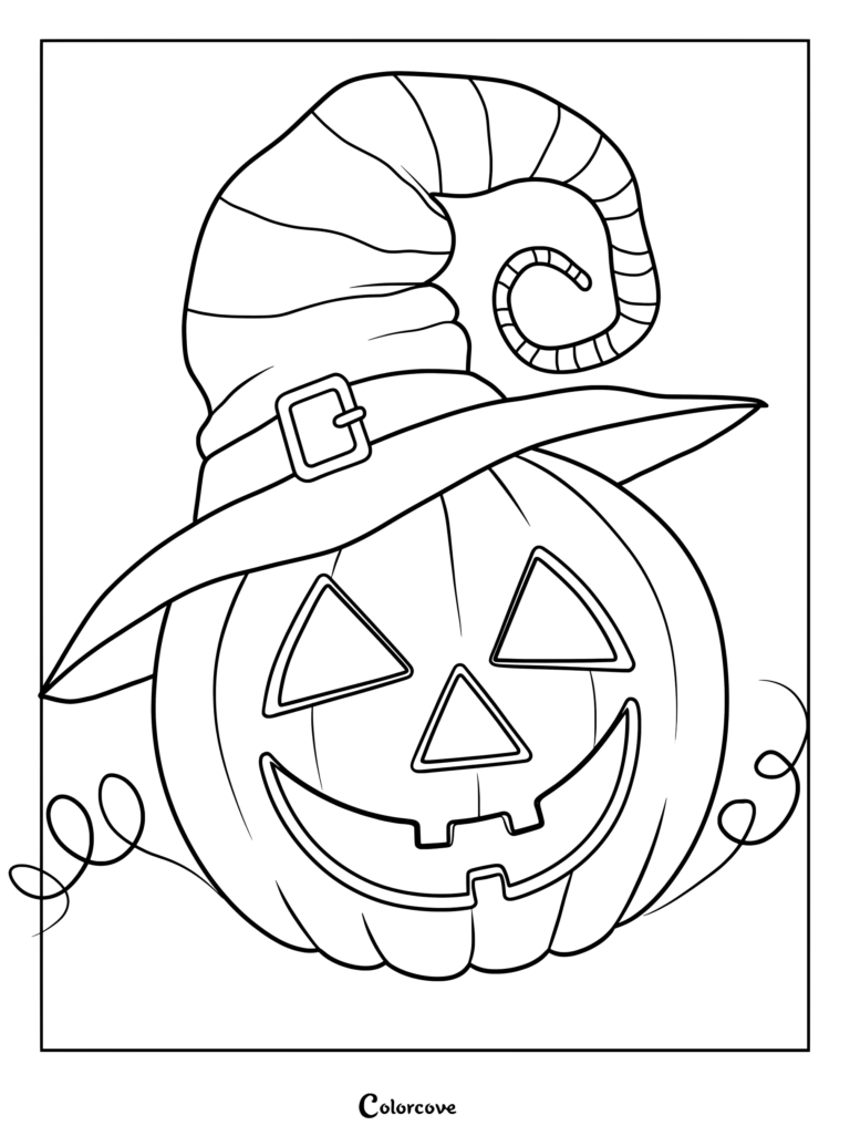 Dibujo de calabazas para colorear con una sonriente Calabaza de Halloween que lleva un alto Sombrero de bruja a rayas.