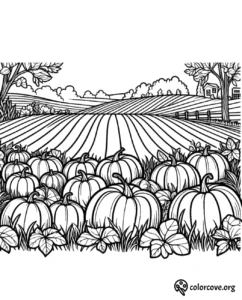 Coloring page featuring a pumpkin patch with large pumpkins, leaves, trees, and a barn in the countryside.