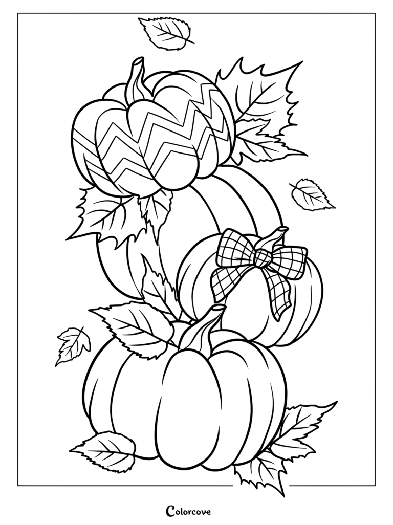 Dibujo de calabazas para colorear con Calabaza decorativa de otoño apiladas, hojas y un lazo.