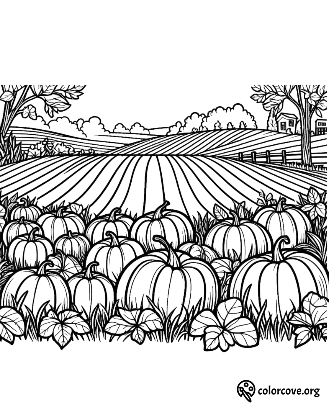 Coloring page featuring a pumpkin patch with large pumpkins, leaves, trees, and a barn in the countryside.