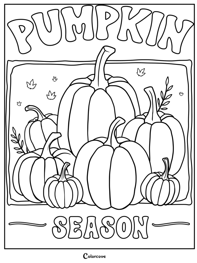 Dibujo de calabazas para colorear con un gran grupo de calabazas decorativas de otoño y hojas cayendo.