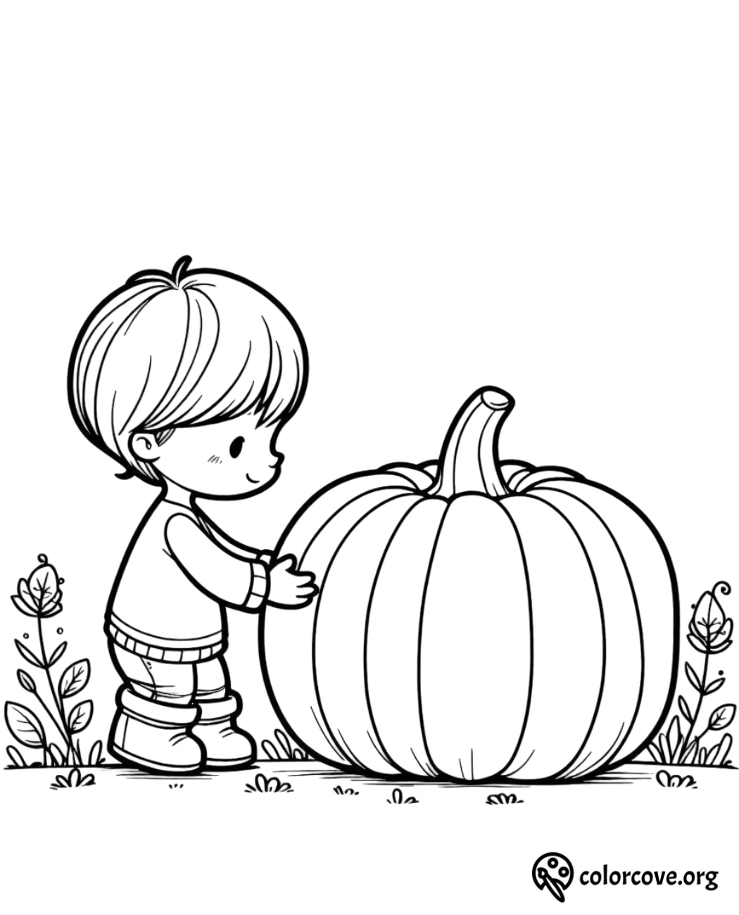 Child with a big pumpkin coloring page for kids, featuring a happy boy in a garden setting. Perfect for Halloween fun.