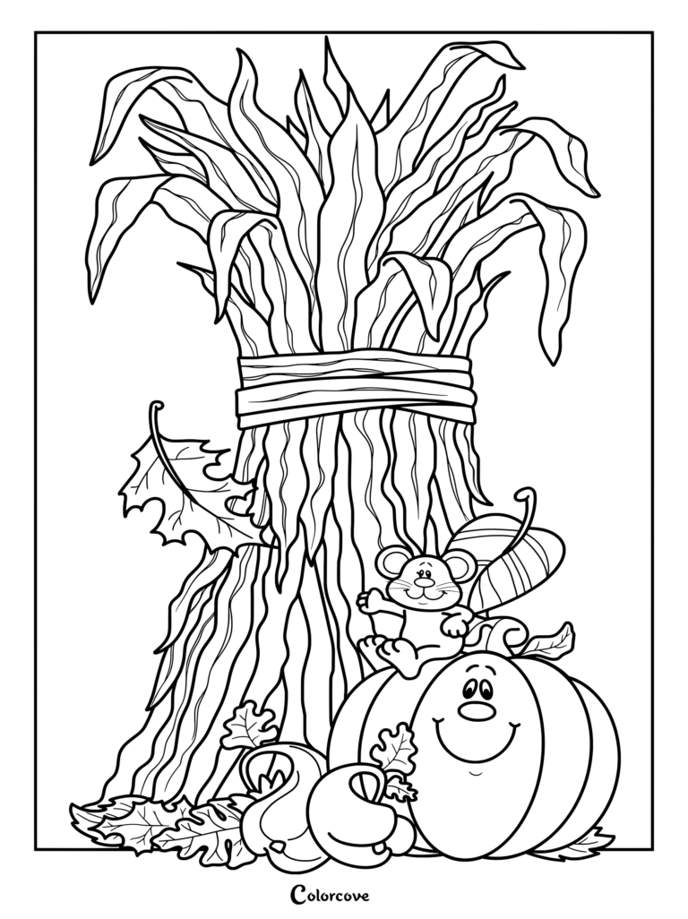 Dibujo para colorear e imprimir con un ratón feliz sentado sobre calabazas sonrientes bajo altas plantas de maíz.
