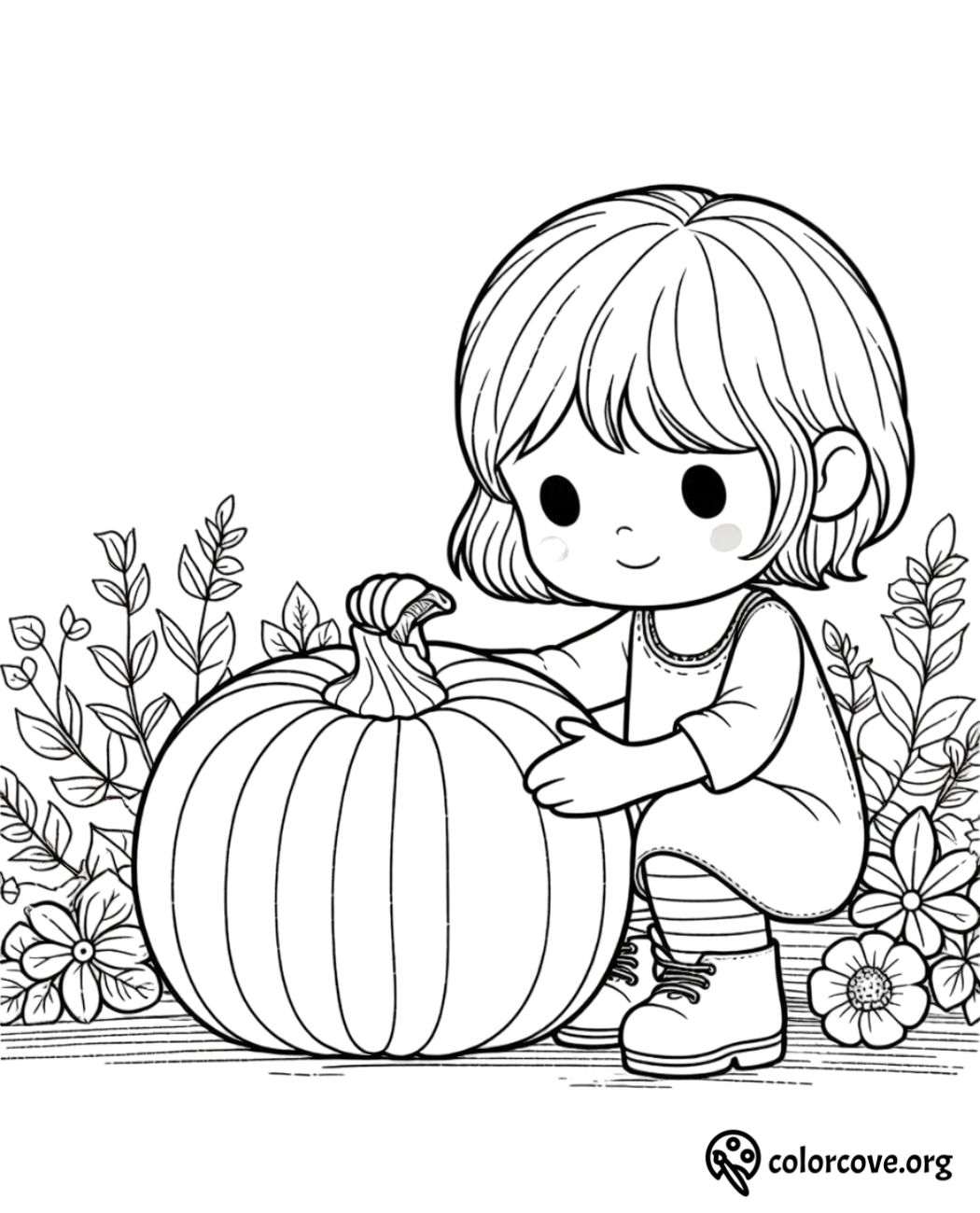 Coloring page of a child with short hair and striped socks holding a pumpkin, surrounded by flowers and leaves.