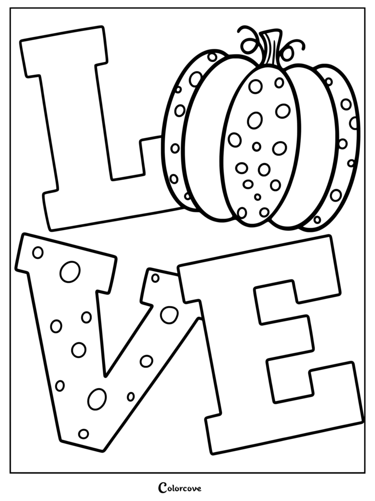 Dibujo para colorear de calabazas con lunares reemplazando la letra O en la palabra love.