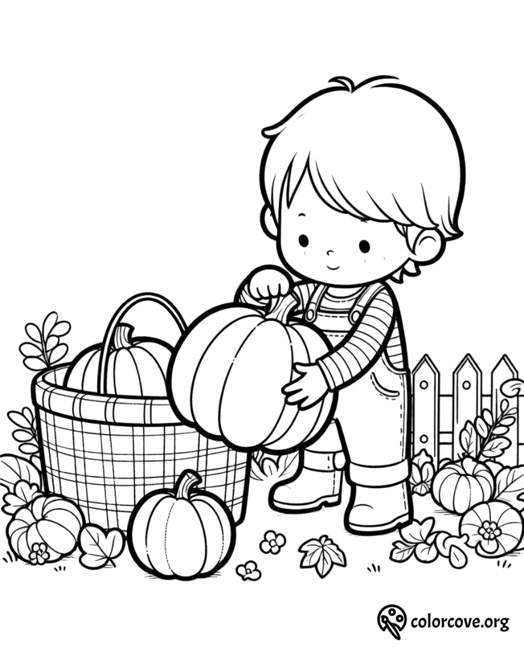 Coloring page of a child in overalls collecting pumpkins in a basket, with a fence and garden background. Perfect for autumn fun.