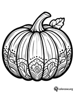 Pumpkin coloring page with intricate designs and patterns for kids and adults from ColorCove.org.