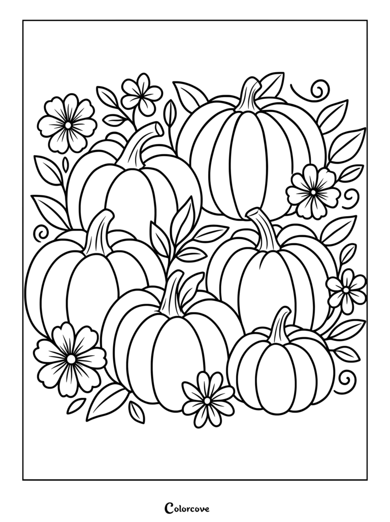 Dibujo de calabazas para colorear con un grupo de calabazas decorativas rodeadas de hojas y flores.