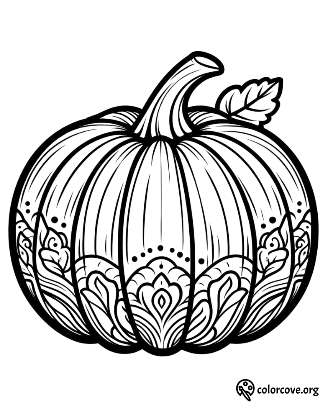 Pumpkin coloring page with intricate designs and patterns for kids and adults from ColorCove.org.