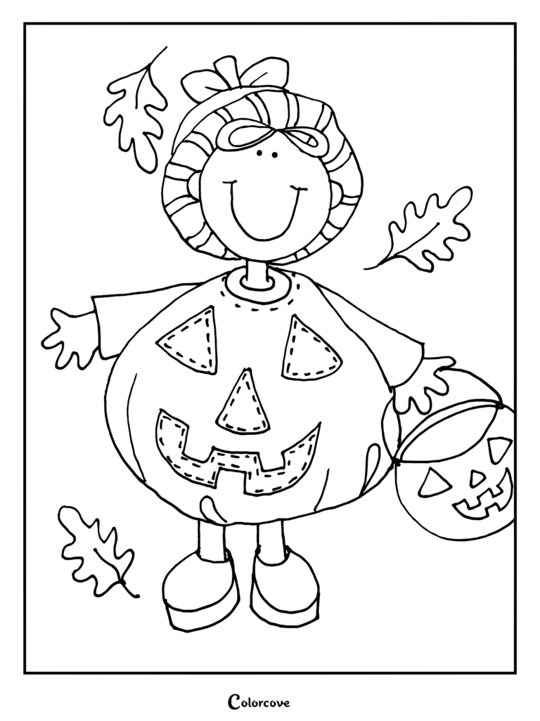 Dibujo imprimible de calabazas para colorear con una niña sonriente vestida con un disfraz de Calabaza de Halloween y un cubo de dulces.
