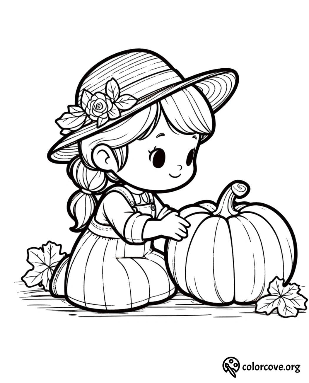 Girl with hat coloring page, sitting and holding a pumpkin. Free printable from colorcove.org.