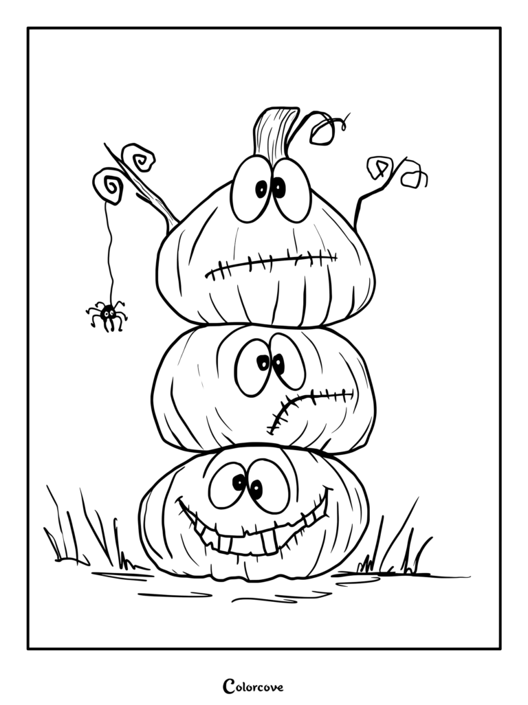 Dibujo para colorear de tres divertidas calabazas apiladas con caras graciosas y una araña colgante.