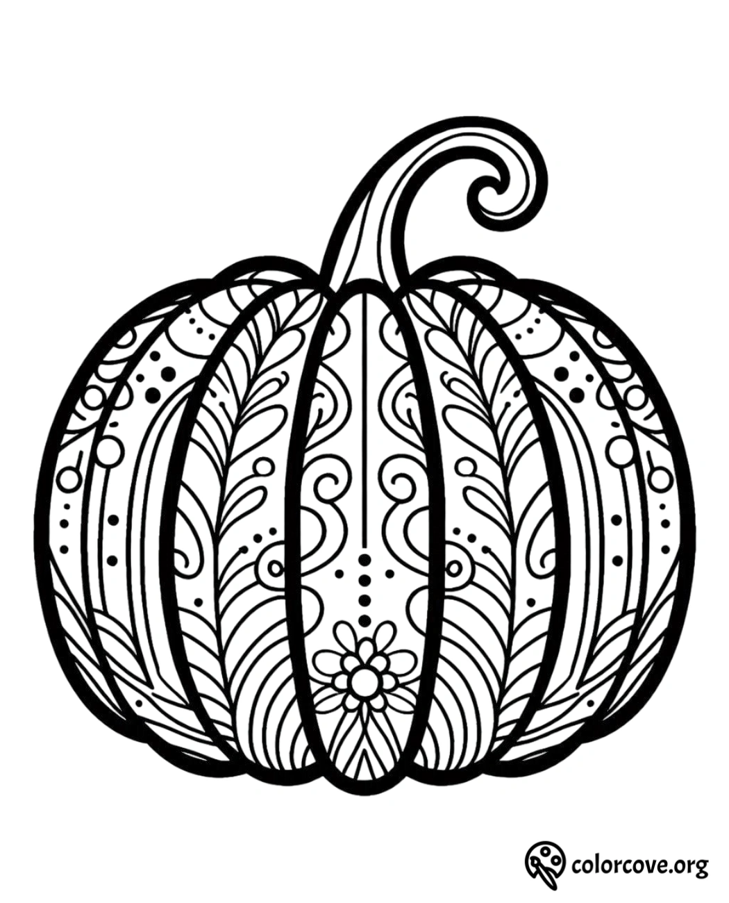 Intricate pumpkin coloring page featuring detailed patterns and designs, perfect for autumn and Halloween activities.