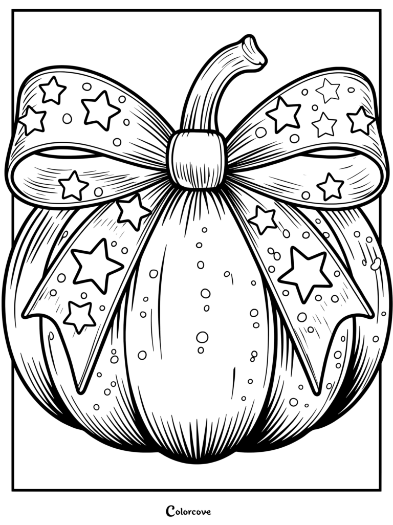 Dibujo detallado de calabazas para colorear con una gran cinta adornada con estrellas.