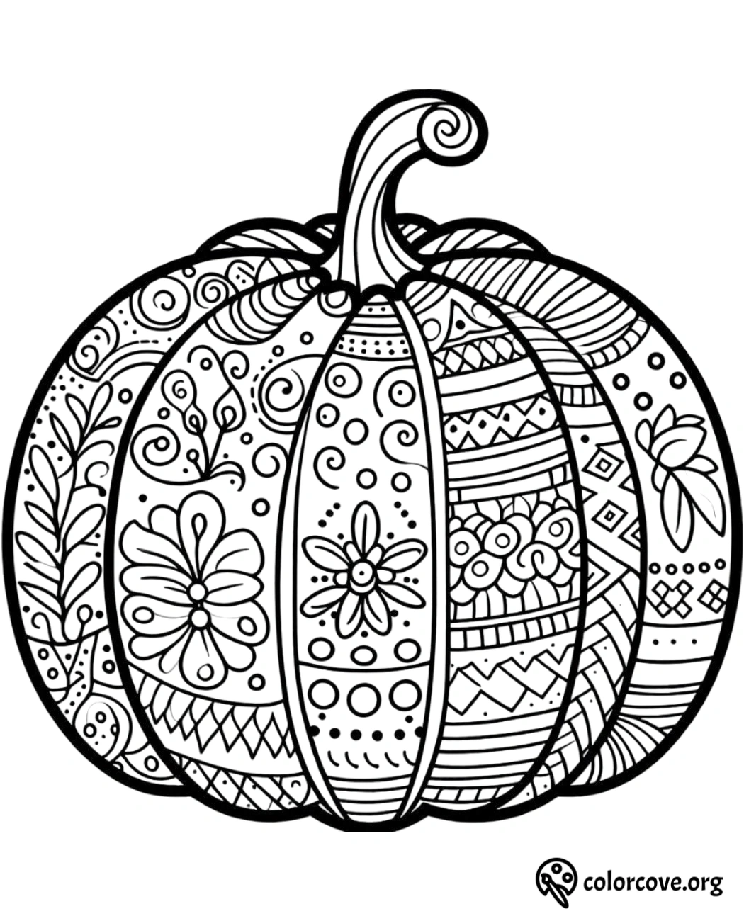 Intricate pumpkin coloring page with detailed patterns and designs for stress relief and creative expression.