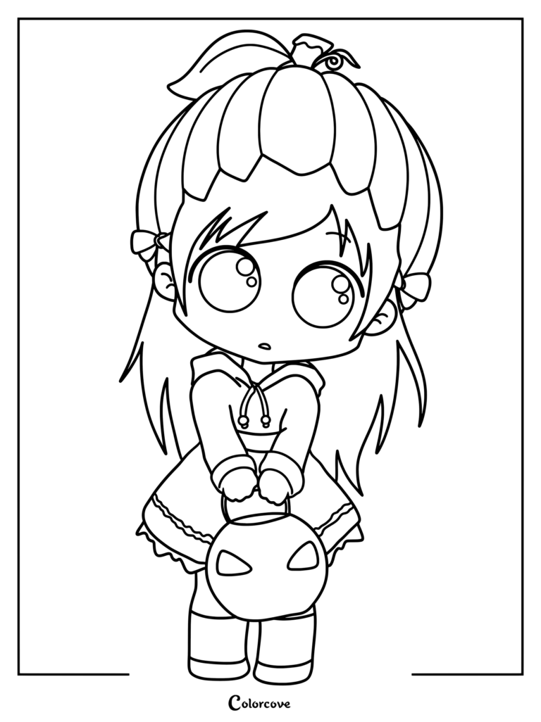 Niña estilo chibi con sombrero de calabazas sosteniendo un cubo de Calabaza de Halloween en este dibujo imprimible de calabazas para colorear.