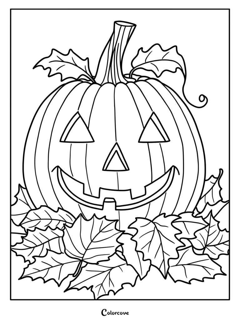 Dibujo de calabazas para colorear con una Calabaza de Halloween de ojos triangulares y hojas de otoño.