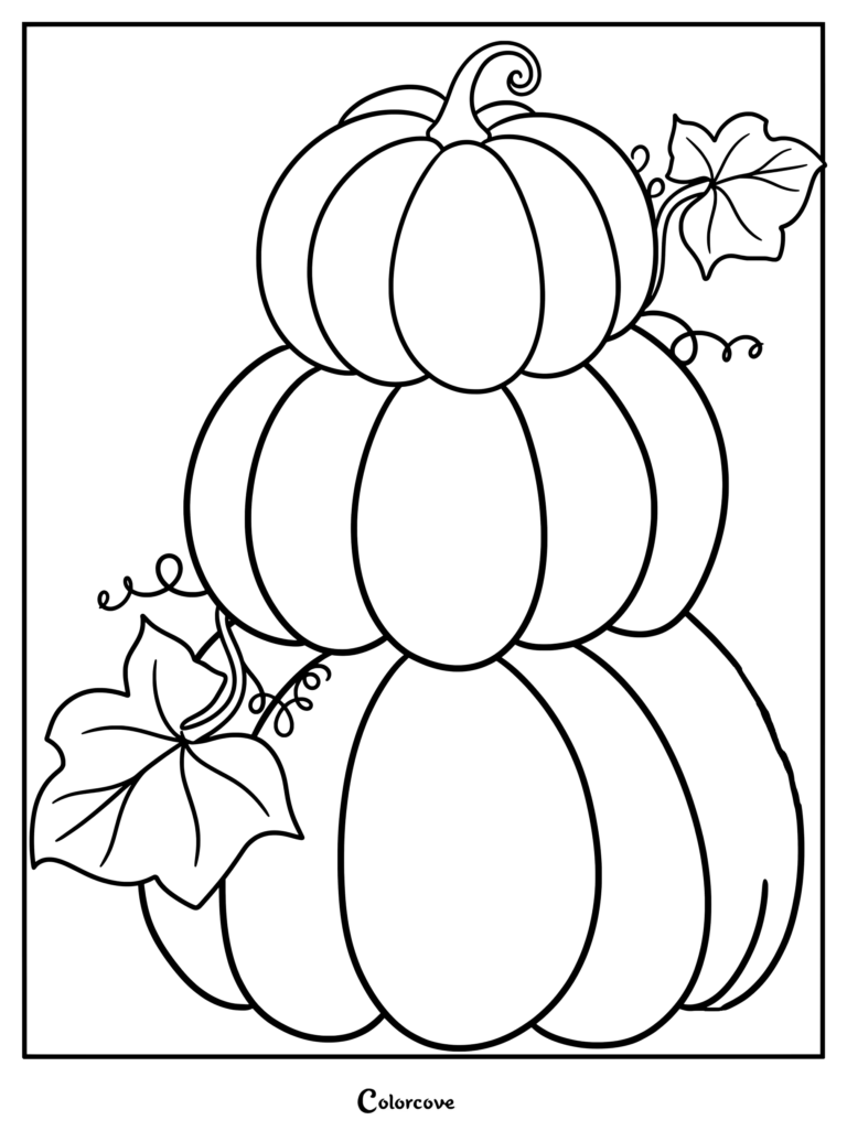 Un dibujo de calabazas apiladas para colorear con tres Calabaza decorativa y hojas.