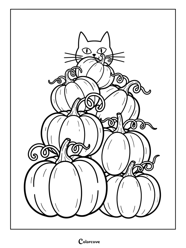 Un lindo gato asomándose detrás de una gran pila de calabazas talladas y sin tallar en este dibujo de calabazas para colorear e imprimir gratis.