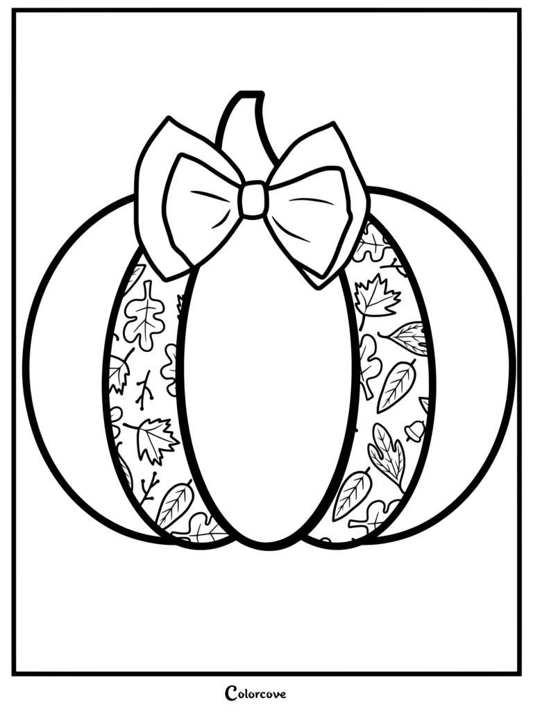 Dibujo de calabazas para colorear con un patrón de hojas de otoño y un gran lazo.